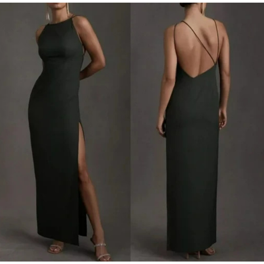 BHLDN Marta Crepe Dress Size 10 Forest Green High Neck Evening Wedding NWT $220